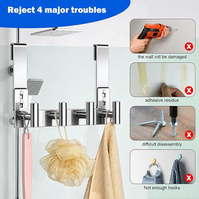 PMMASTO No-Drill Extra Long Shower Hooks, Fits 3/8" Thick Door, Heavy Duty Stainless Steel Towel Hooks for Frameless Glass Shower Door, Holds Bathrobe Towel (Polished Silver, 4 T-Hooks)