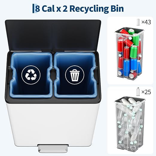Jojoka Dual Trash Can for Kitchen Recycling and Trash, 16-Gallon Stainless Steel Double Garbage Bin with Lid and Foot Pedal, Soft Close, Removable Compartments for Waste Separation, Home Organization