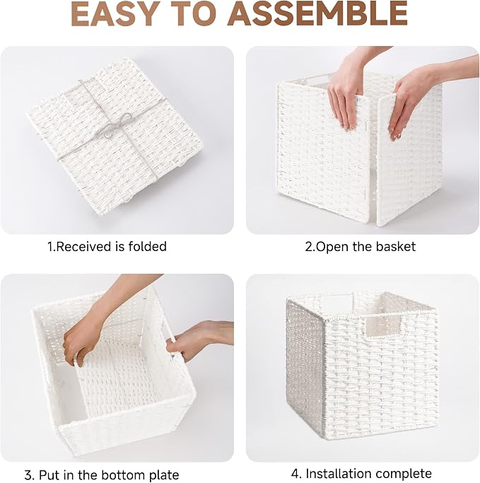 StorageWorks 11 inch Cube Storage Bin, White Storage Cubes, Wicker Baskets | 2-Pack, Handwoven Paper Rope White Wicker Baskets, Wicker Storage Cubes with Handles, Foldable Square Baskets for Organizing