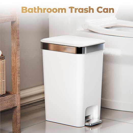2Pack Small Bathroom Trash Can with Lid Foot Pedal,2.6 Gal Trash Bin | 10 Liter Step Pedal Wastebasket Plastic Garbage Can with Pop-Up Lid for Kitchen,Bedroom,Office,Dorm,Laundry,Restroom,Rv,White