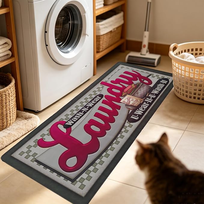 Abreeze Farmhouse Laundry Runner Rug Vintage Rug for Laundry Room Rubber Backer Mat Floor Runner Carpet Kitchen Mats 20''x48'',Red Letter