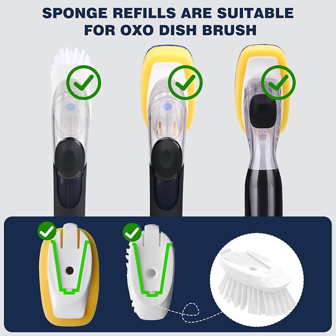 Sponge Brush Refills for OXO Soap Dispensing Dish Brush, 4 Pack | Scrub Replacement Head for Scrubber, Non-Scratch Sponge Replacement Head Fits Soap Dispensing Handle for Pots, Pans, Sink