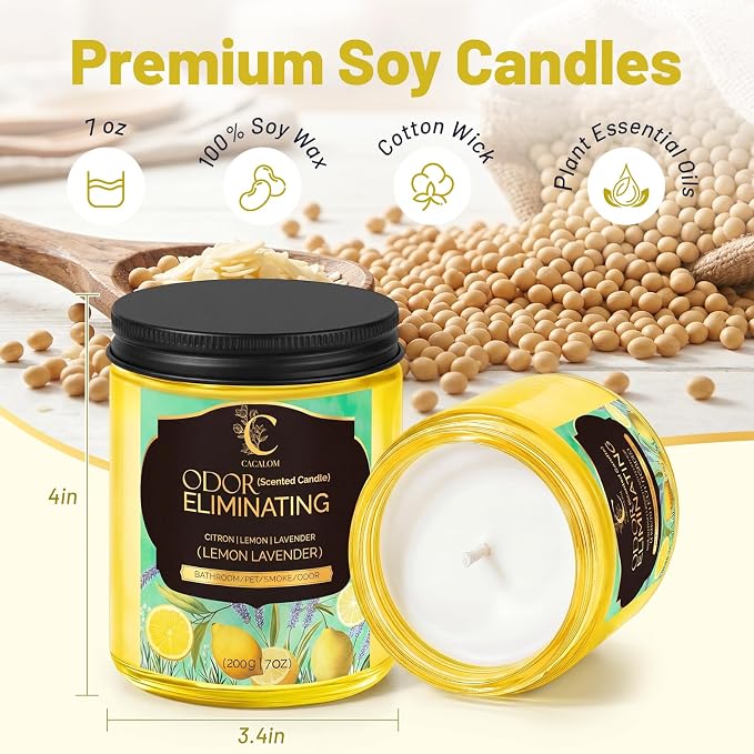 Odor Eliminating Candle, Soy Scented Candles, Lemon Lavender 7oz | Soy Wax Candles, 50Hr Burn, Eliminates 95% Of Pet, Food & Other Smells, Perfect for Living Rooms and Bedrooms, Gift Ready