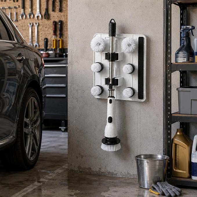 layyah Spin Scrubber Wall Mount Organizer Rack | Electric spin scrubber wall mount organizer, adhesive or screw install, holds 6 brush heads bathroom shower storage