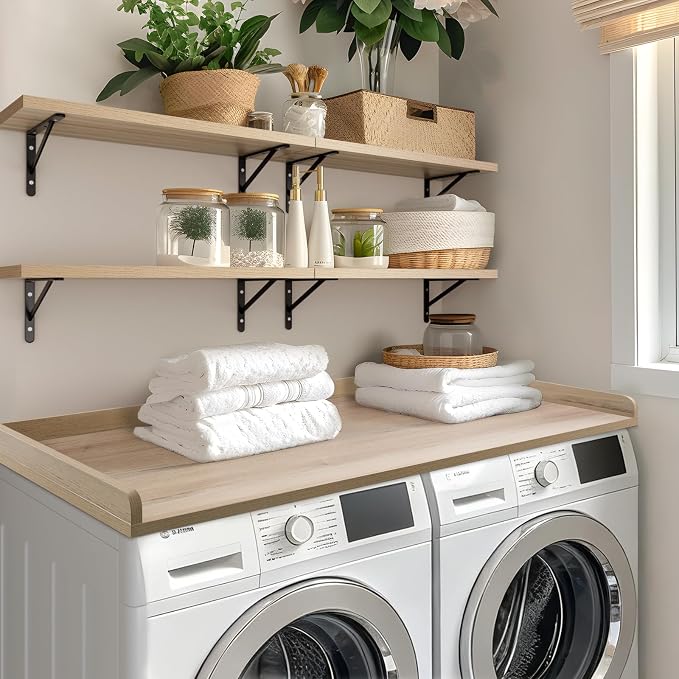 Washer Dryer Countertop, Melamine Countertop with Edge Rails - 27.5" Depth x 54" Width Laundry Room Organization, Oak(Grey Tone)