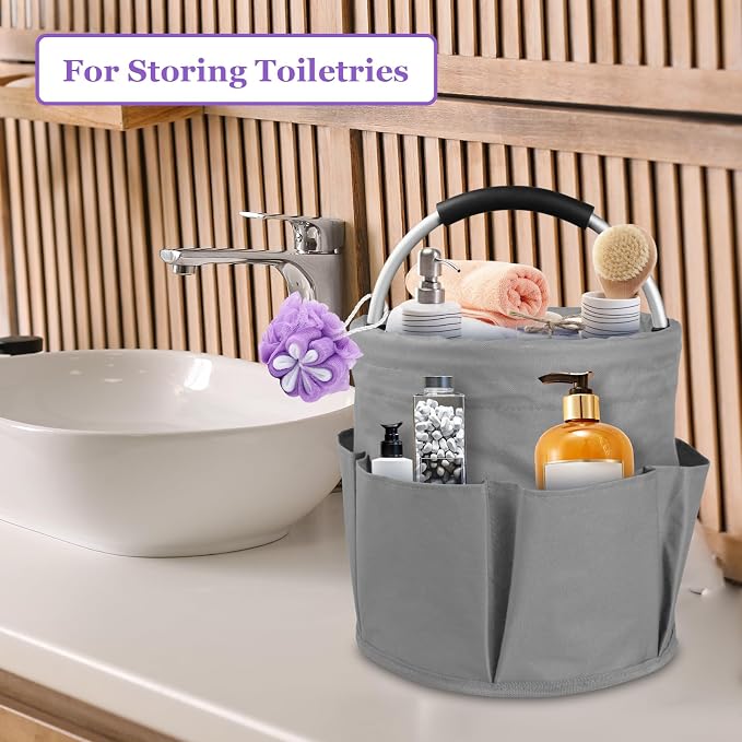 17L Collapsible Cleaning Supplies Caddy with Handle for Travel, Dark Gray | IHOMAGIC 600D Oxford Bucket Tool Organizer, Cleaning Tote with 6-pockets, Portable Storage Basket for Home, Hotel, Restaurant