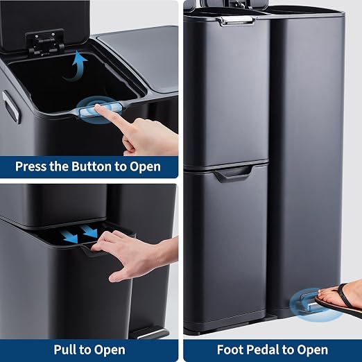 Garvee 3 Compartment Trash Can, 16 Gal Garbage and Recycle Bin Combo | 3 in 1, Triple Bins, Stainless Steel, Soft Close Lid & Foot Pedal, Removable Inner Buckets, for Home Kitchen Office, Black