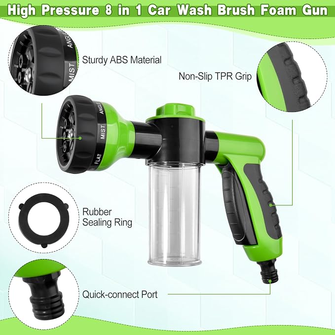 Dog Wash Hose Attachment with Soap Dispenser, 8 Spray Patterns | ABS Nozzle, TPR-Coated Grip, with 100cc Soap Dispenser, Car Wash Glove, Pet Brush, Quick Connector & Tape, for Car Wash & Dog
