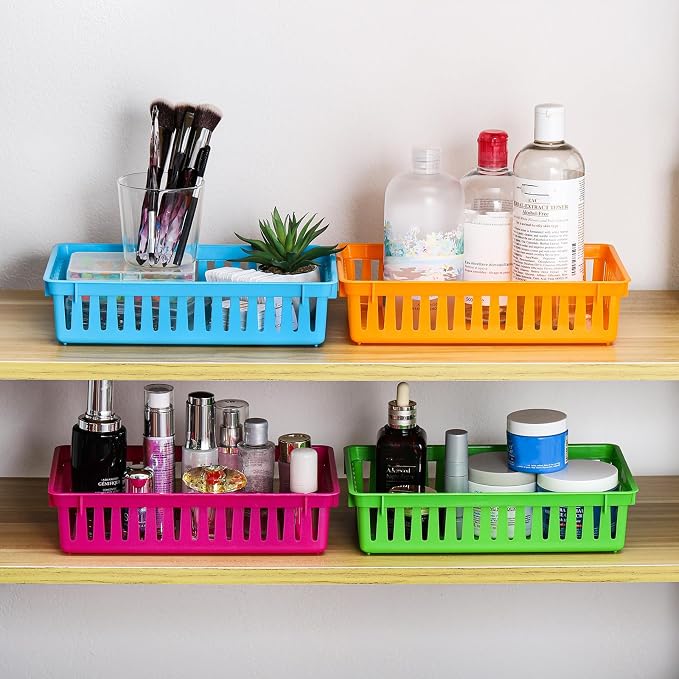16 Pack Classroom Storage Baskets Bins, Small Plastic Organizer Basket, Colorful Storage Trays, Crayon Pencil Containers for Paper, Desk, Shelf, Home School Office, 10.2" L x 6.5" W x 2.4" H