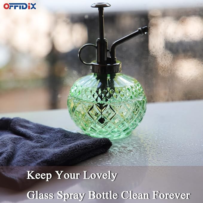 OFFIDIX Plant Mister, Green Glass Fine Mist Spray Bottle for Plants 10 oz | Glass Spray Bottles with Plastic Bronze Top Pump, Vintage 300ML Small Watering Can for Gardening, Cleaning Table Decorative