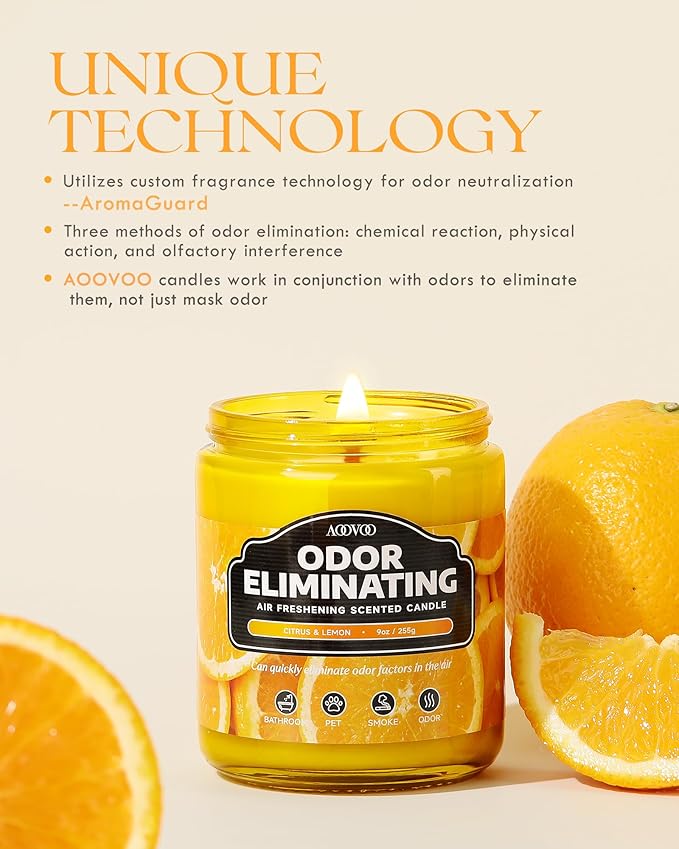 AOOVOO Citrus Lemon 2 Pack Odor Eliminating Candle - 18oz Soy Candle | Eliminates 95% of Pet, Smoke, Food, and Other Smells Quickly, Non Toxic Air Freshing Candle, Up to 100 Hours Burn time