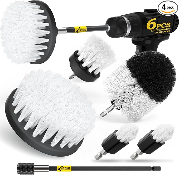 Holikme 6Pack Drill Brush Power Scrubber Cleaning Brush Extended Long Attachment Set All Purpose Drill Scrub Brushes Kit for Grout, Floor, Tub, Shower, Tile, Bathroom and Kitchen Surface White | 5 head sizes, white nylon fibers, power scrubber attachme...