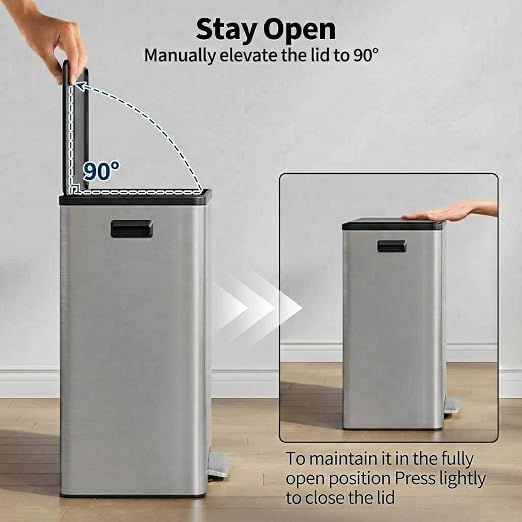 GarveeHome 16Gal Dual Trash Can & Recycle Bin, Stainless Steel Kitchen | Hands-Free Step Pedal, Silent Soft-Close Lid, Fingerprint-Resistant Brushed Steel, 2 Removable Inner Buckets