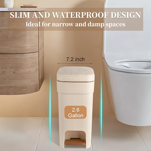 Small Bathroom Trash Can with Lid Slim Step Garbage Can 2.6 Gallon Cream | Stylish Decor Soft Close Trash Bin Plastic Wastebasket with Trash Bags for Kitchen Bedroom Office Living Room Toilet College