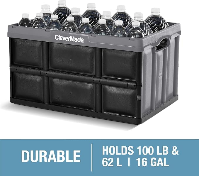 CleverMade Collapsible Storage Bins - Ocean 3 Pack 62L / 16 Gal holds 100 lbs - Stackable Containers Heavy Duty Capacity Crates-Space-Saving | Haul Bulk Groceries and Oversized Gear in Fewer Trips | Each Bin Holds 100 lb, Stacks Securely, and Folds to ...
