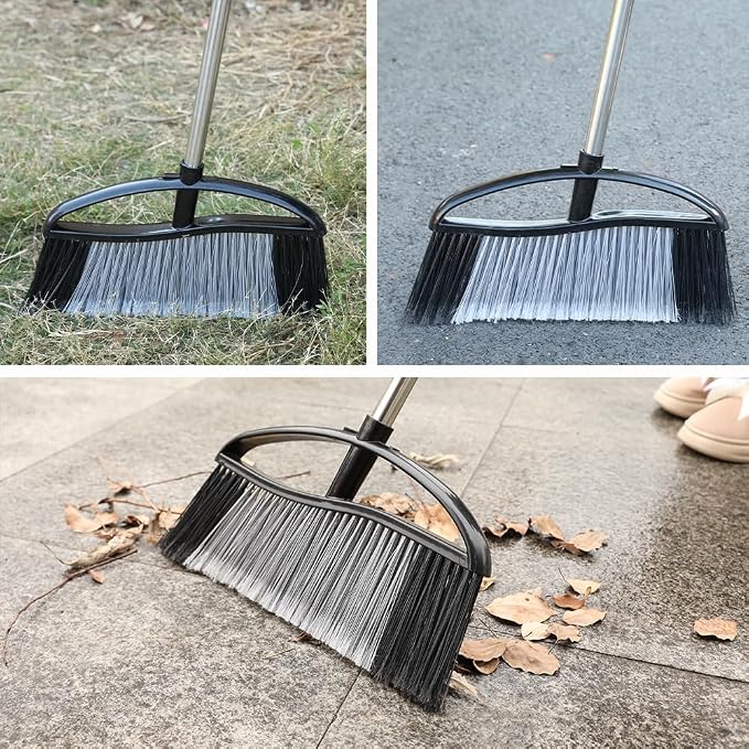 Outdoor Broom 15.7" Wide, Stiff Bristles & Long Handle for Yard | Adjustable 38-53.5" Handle, Wide Sweeping Broom Head, No-Bend Sweeping (Black)