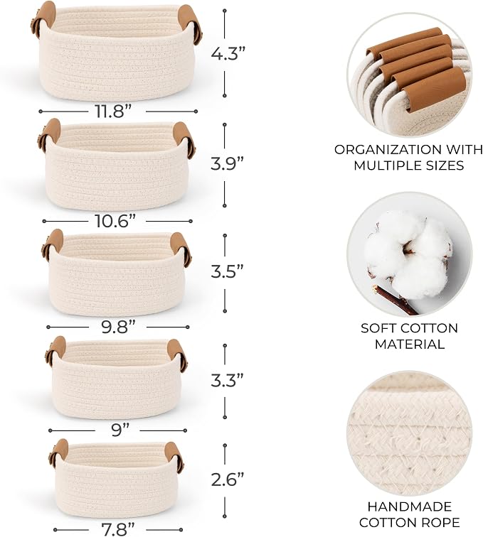 Beautiful Storage Basket Set of 5 - Sturdy Cotton Rope Baskets for Shelves | Perfect for Organizing Your Home - Quality Storage Bins Easily Fit with Any Nursery or Bedroom Decor