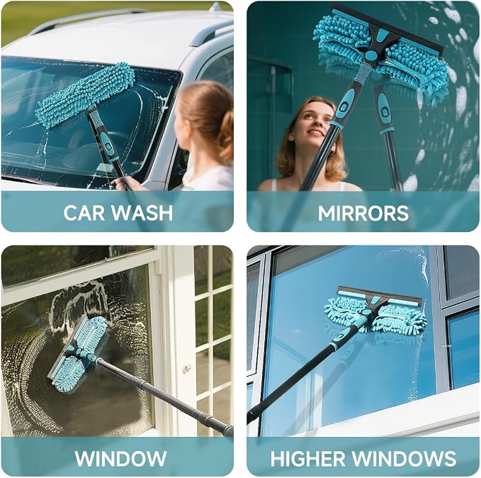 Buysenton Professional 2-in-1 Window Squeegee Cleaner Tool with 62" Extension Pole, Rotatable Bendable Head & Scrubber, Car Glass Cleaning Kit for Windows, Shower, Gas Station - 1 Blade 2 Scrubber