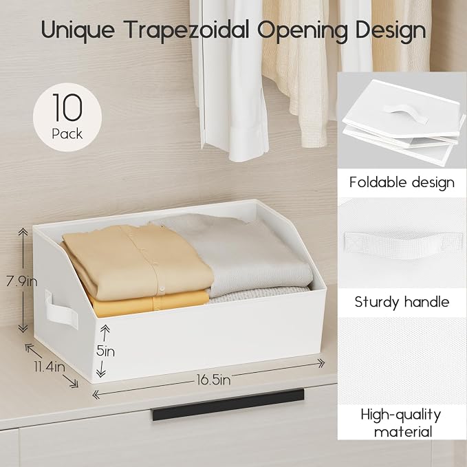 Large Closet Organizers and Storage Bins - 10 Pack Trapezoid Storage Baskets for Shelves, Foldable Fabric Baskets with Handles Ideal for Closet, Basket, Wardrobe and Shelf Storage, White
