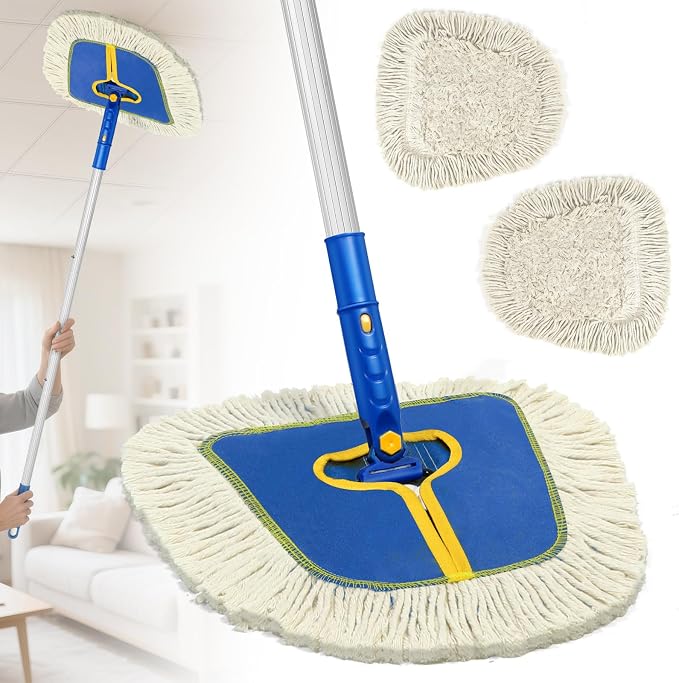 SOBONNE Commercial Dust Mop for Hardwood Floors Cleaning | 2 Reusable Wedge Cotton Mop Pads|61" Long Handle Dry Mop Broom for Walls,Laminate,Vinyl,Tile,Home Floor Duster|Blue