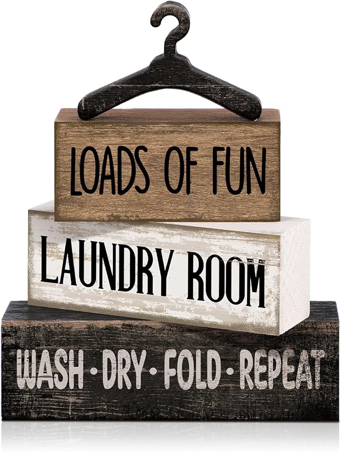 Moucuny 4 Pcs Laundry Room Decor Wooden Signs Rustic Farmhouse Block | Wash Dry Fold Repeat Text, Laundry Shelf Decor, Tiered Tray Centerpiece, Rustic Farmhouse Style with Hanger Accent