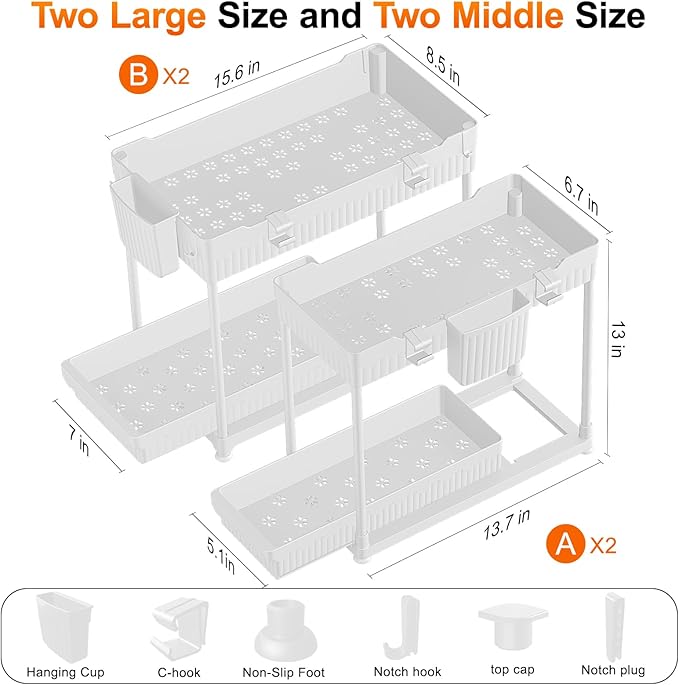4-Pack 2-Tier Under Sink Organizer with Pull Out Drawers | Multi-use kitchen & bathroom storage. Includes hanging hooks and cups. White, space-saving cabinet design. 12.8 Inch