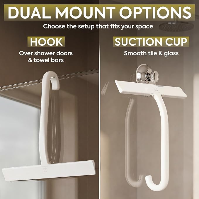 Shower Squeegee for Glass Doors, 10″ White with No-Drill J-Hook | Hang Anywhere Without Adhesive, Seamless One-Piece Silicone, Encased Steel Core, Streak-Free Shower Squeegee for Glass & Tile