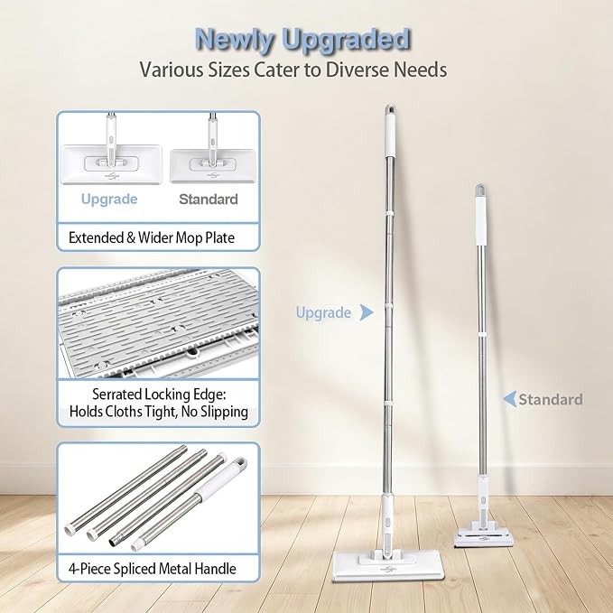 Pawnexa Mop,Clamp Mop,Hands Free Multi Purpose Flat Mops with Squeegee,Snap Grip Mini Mops Use Any Cloth,Zero Touch Dirty Cloth Release,for Whole House Cleaning(31”Handle,6 Cloths)