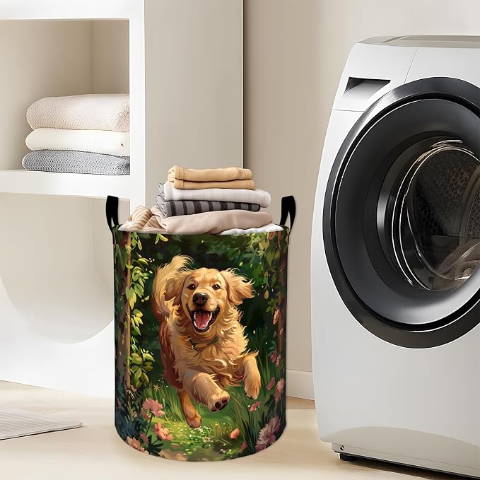 Energetic Running Golden Retriever Laundry Basket with Handles, 19.7"x15.7" Clothes Foldable Laundry Hamper Organizer for Dorm Nursery Bedroom Bathroom Decor, Toy Storage Bin for Kids
