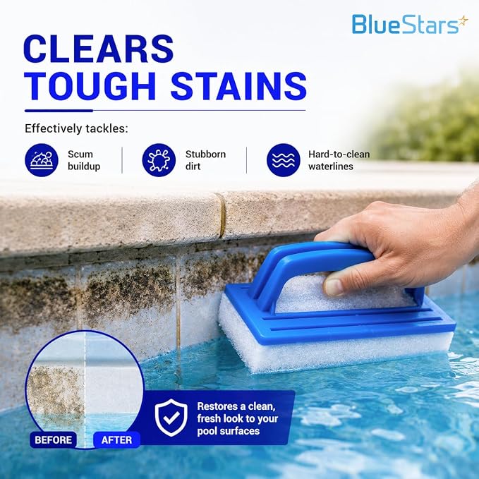 BlueStars 2-Pack Heavy Duty Handheld Sponge Pool Scrub Brush | Clean Pool Tile, Grout, Walls, Vinyl Liners, Spas, Tubs, Showers; Surface Cleaning Scrubber, Kitchen, Bathroom Tub