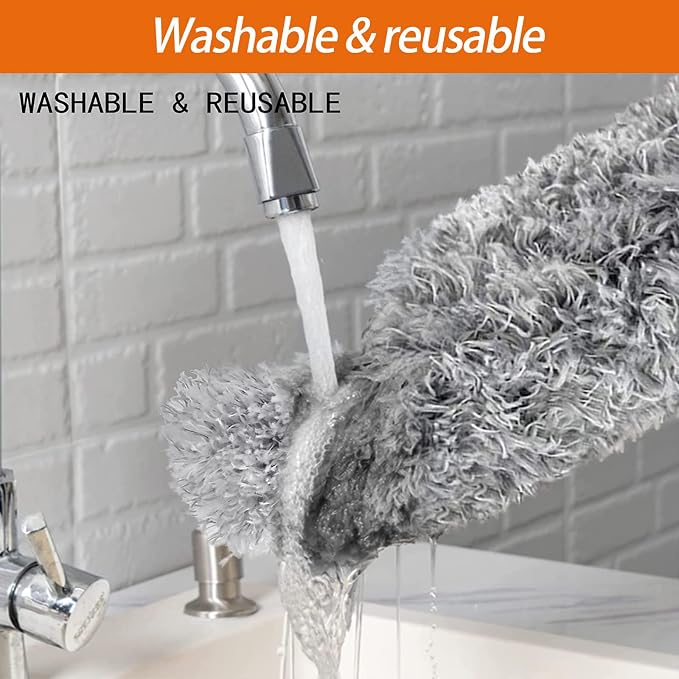 Microfiber Feather Duster, High Ceiling Fans with 30-100 Inch Pole, Gray | Bendable & Washable Head Traps Dust Without Scratching, Long Extendable Duster for Home Car Furniture Cobweb, Wet, Dry Use