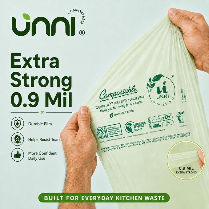 UNNI 13 Gallon Compostable Bags, 50 Count, 49.2 Liter, Extra Thick 0.9 Mil | Tall Kitchen Compost Bags for Pull-Out Food Scrap Bins, Wide Opening, Certified by BPI, CMA & OK compost HOME, ASTM D6400