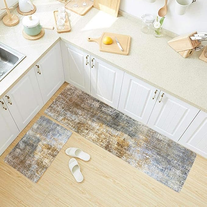 TOMWISH Kitchen Runner Rug - 2 Piece Set, Brown, Non-Skid, Cushioned | Standing Desk & Office, Farmhouse, Laundry Mat - 17"X48" + 17"X24" Kitchen Decor and Accessories
