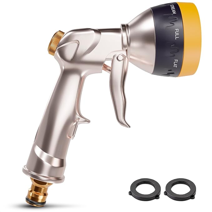 Metal Garden Hose Nozzle High Pressure, 8 Spray Patterns, Lock Clip | Heavy Duty Hose Nozzle for Garden Watering, Car Washing, Patio Cleaning, Leak Proof Gasket and Hands-Free Spraying