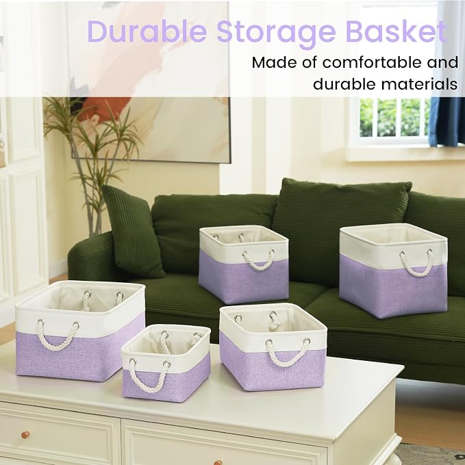 11.8x7.9x5.2 Inch Fabric Small Storage Bins with Handles 3 Pack | Foldable Storage Basket, Sturdy Metal Strand, Cardboard Support Molding, Small Baskets for Organizing, Shelves, White/Purple