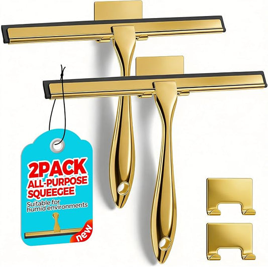 2pcs Shower Squeegee for Glass Doors with Adhesive Hanging Hook Set | 10” Gold, Bathroom Accessories, Window Cleaner, New Home Essentials, Soft Rubber Blade, Metal Handle, Ergonomic Grip