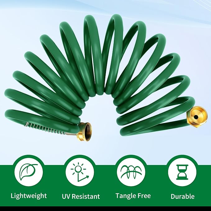 AUTOMAN Coil Garden Hose 15 ft, EVA Curly Water Hose with Brass Connectors, Recoil Garden Water Hose,Includes 7-Pattern Function Sprayer,Retractable,Corrosion Resistant Garden Coil Hose.