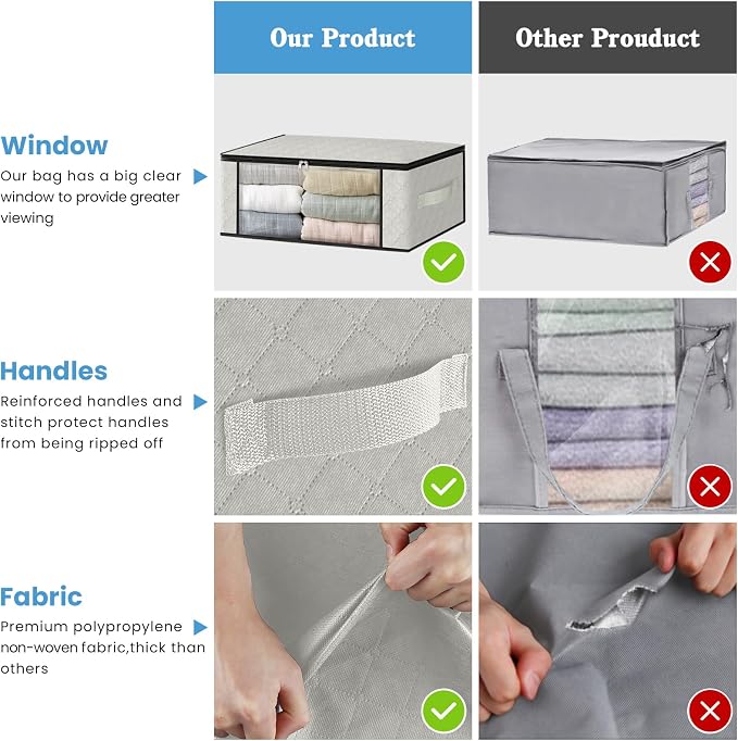 HomeHacks 6-Pack Clothes Organizer Storage Bags, 35L Storage Bins, White | Foldable Storage Box Container with Zippers, Clear Window, Reinforced Handles for Closet, Dorm, Pillows, Bedding, Sweater