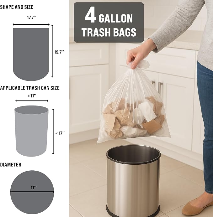 4 Gallon Clear Trash Bags, 200 Count, 6 Micron Wastebasket Liners | Lightweight 6-Micron Wastebasket Bags for Bathrooms, Bedrooms, Offices, and Everyday Trash