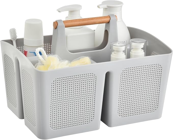 ALINK Portable Shower Caddy Basket with Compartments, Plastic Divided Cleaning Caddy Organizer Storage Tote with Handle for Bathroom, College, Dorm Room Essentials, Light Gray