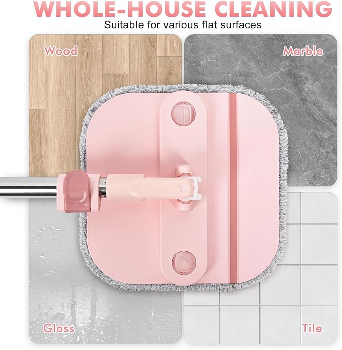 Spin Mop and Bucket System Kit, Self-Separating Cleaning Soil, Foldable Square Mop Bucket Head with Washable Interchangeable Mop Pads, Pink (Mop Set with 6PC Pads)