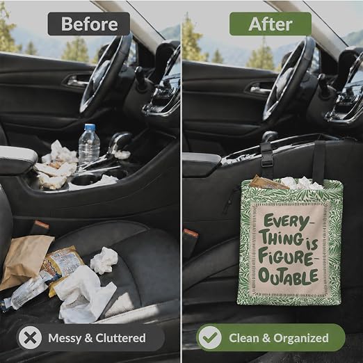 Green Botanical Inspirational Car Garbage Bag Canvas Trash Can | Everything Is Figureoutable Drawstring Car Trash Bag Hanging for Back Seat with Adjustable Buckle