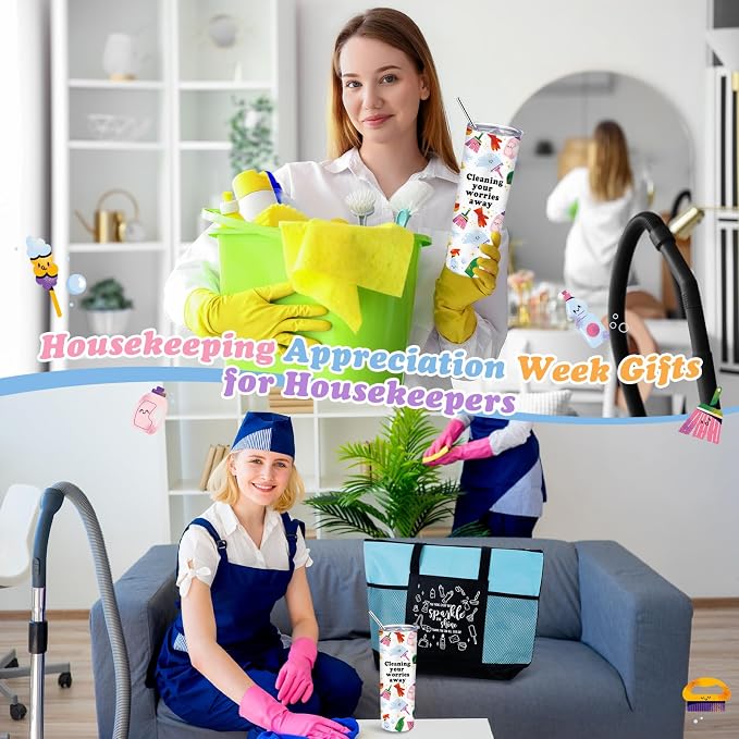 Sieral Housekeeping EVS Week Appreciation Gift, Housekeeper, Sky Blue | Insulated Tumbler 20oz & Large Tote Bag Set for Women Custodian School Healthcare Cleaning Crew House Cleaner Maid Janitor