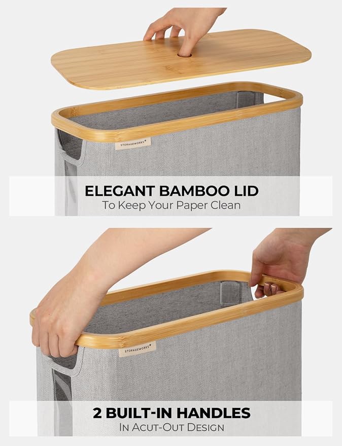 StorageWorks Toilet Paper Storage Basket with Bamboo Lid & Window | See Rolls at a Glance with Clear Window, Holds 16 Regular or 12 Mega Rolls for Bathroom Toilet Paper Storage, Grey