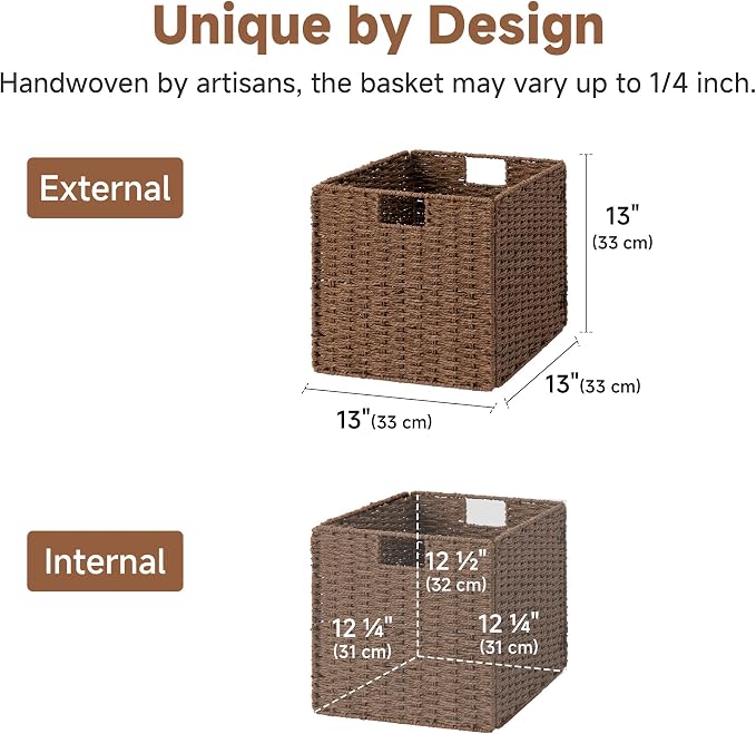 StorageWorks 13 inch Cube Storage Bins, Wicker Baskets for Storage, Brown | 2-Pack, Foldable Square Baskets, Wicker Storage Baskets for Organizing, Paper Rope Square Storage Cubes, Cube Storage Bins