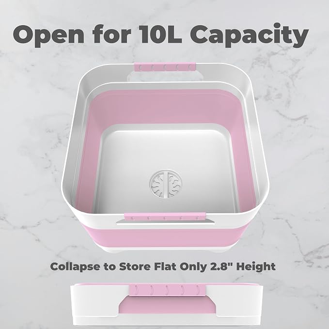 GIMWA 2.6 Gal(10L) Collapsible Wash Basin for Baby Bottles,Pink Space-Saving Collapsible Dish Basin with Drain Plug for bottle washing, Collapsible Bucket for RV Kitchen Essentials