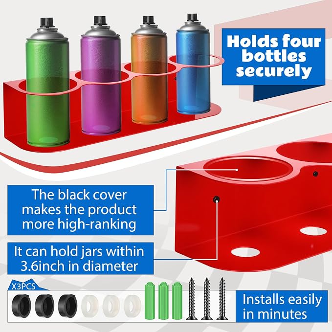 Therwen 2 Pcs All Purpose Steel Spray Bottle Holder Heavy Duty Can Holder Rack Organizer Easy Install Wall Mount Paint Spray Bottle Organizer Storage Rack for Garage Home Workspace(Red,4 Holes)