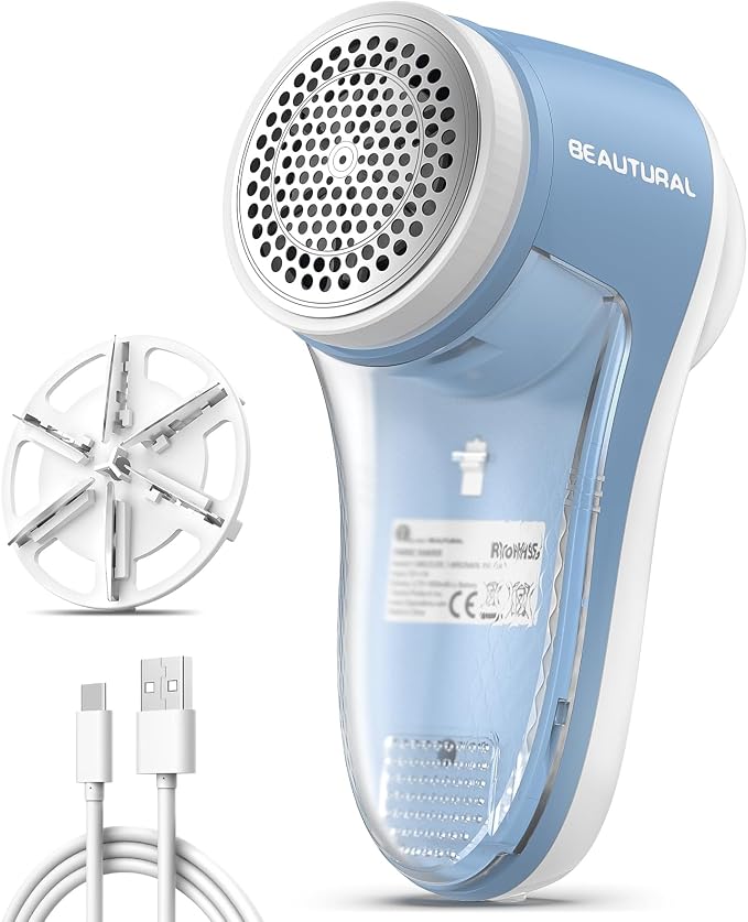 BEAUTURAL Fabric Shaver and Lint Remover, Rechargeable Sweater Defuzzer | 6-Leaf Blades, Electric Clothes Shavers to Trim Fuzz and Pills, Remove Pilling for Clothing, Furniture, Couch, Blanket