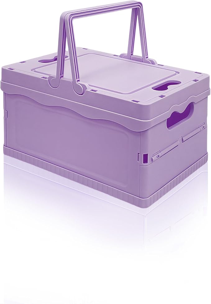 Foldable Small Plastic Baskets with Lids and Handles for Organizing,Collapsible Storage Crates, Stackable Bins for Home Kitchen Bedroom Bathroom Office (Purple, 12 * 8 * 7)