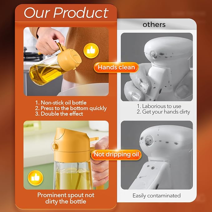 YARRAMATE 16 oz 2-in-1 Glass Olive Oil Sprayer for Cooking, Orange | Food-grade dispenser bottle, 470 ml, spray and pour, portion control, stickers included, for salad, frying and BBQ